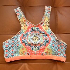 EUC Justice crochet lace bikini top neon orange paisley print front halter